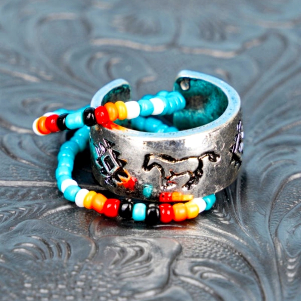 Set of 3 Horse and Beaded Western Cuff Rings